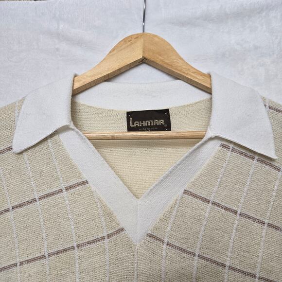 Lahmar Vintage 60s 70s Prep Countryclub Grandpa Plaid Knit Golf Polo Sweater M - Picture 2 of 10